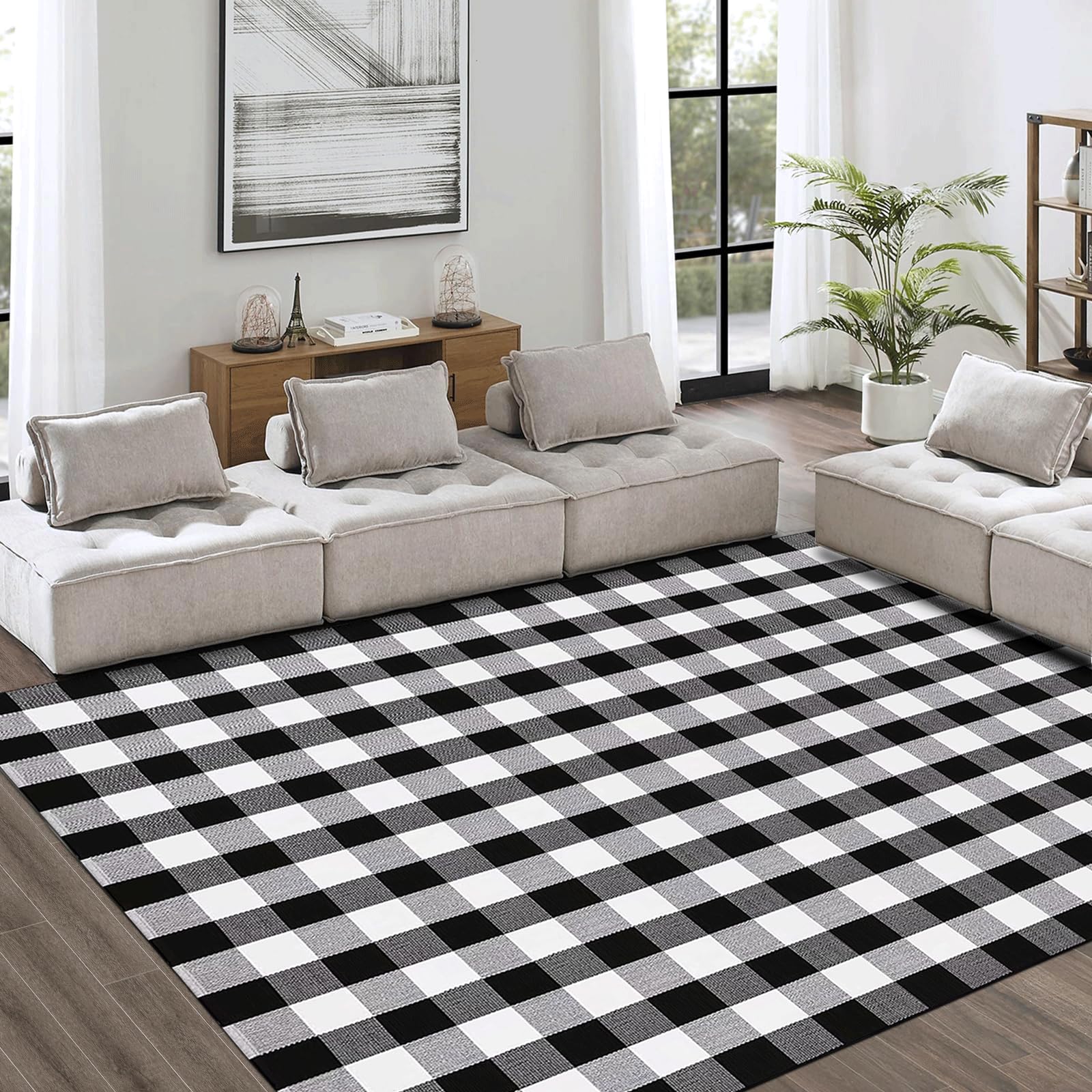 HOYIJA Black and White Checkered Area Rug 5.5' x 7.5' Buffalo Plaid Rug, Cotton Woven Washable Check Rug for Indoor and Outdoor, Dining Room, Bedroom, Living Room, Kitchen, (Black & White)