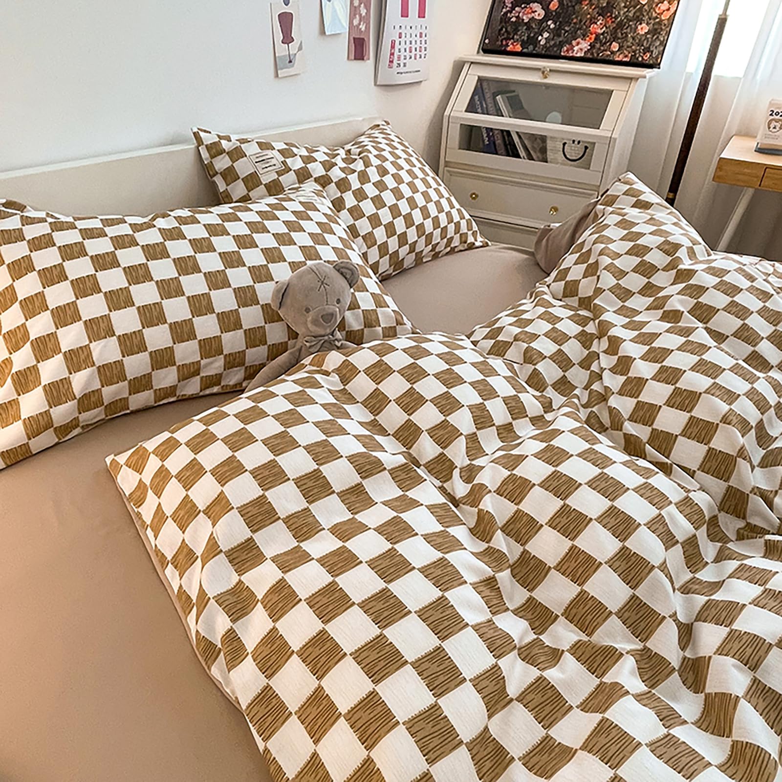 BEUFLO DREMS Checkered Duvet Cover Twin,100% Cotton Soft Duvet Cover Sets 4 PCS Plaid Bedding Comforter Cover Set with Zipper,Brown Bedding Set,1 Duvet Cover +1 Flat Sheet + 2 Pillow Cases