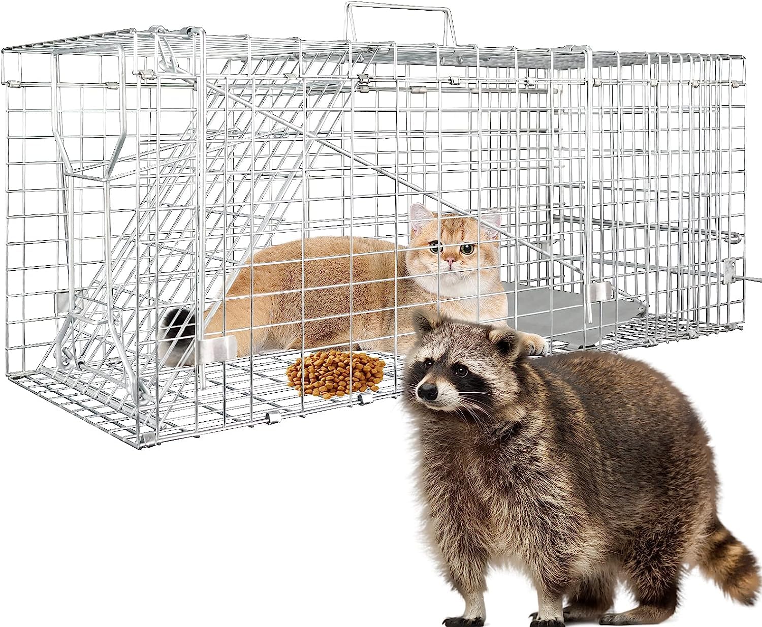 32" Live Animal Cage Trap, Humane Cat Trap Galvanized Iron,Heavy Duty Folding Animal Trap with Handle for Rabbits, Stray Cats, Raccoons,Groundhogs and Opossum(32 * 12 * 12.5inch)