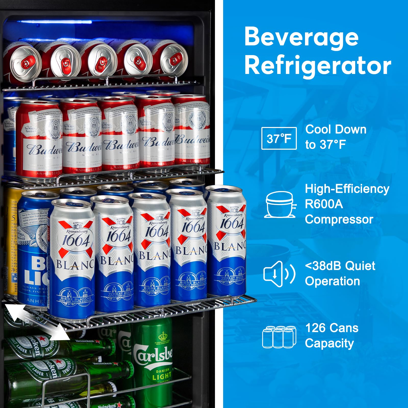 Beverage Refrigerator 17 inch Wide - 126 Can Beverage Cooler with Glass Door | Counter-Top/Freestanding Mini Beverage Beer Fridge | Temperature Memory | Invisible Door | Perfect for Soda, Beer