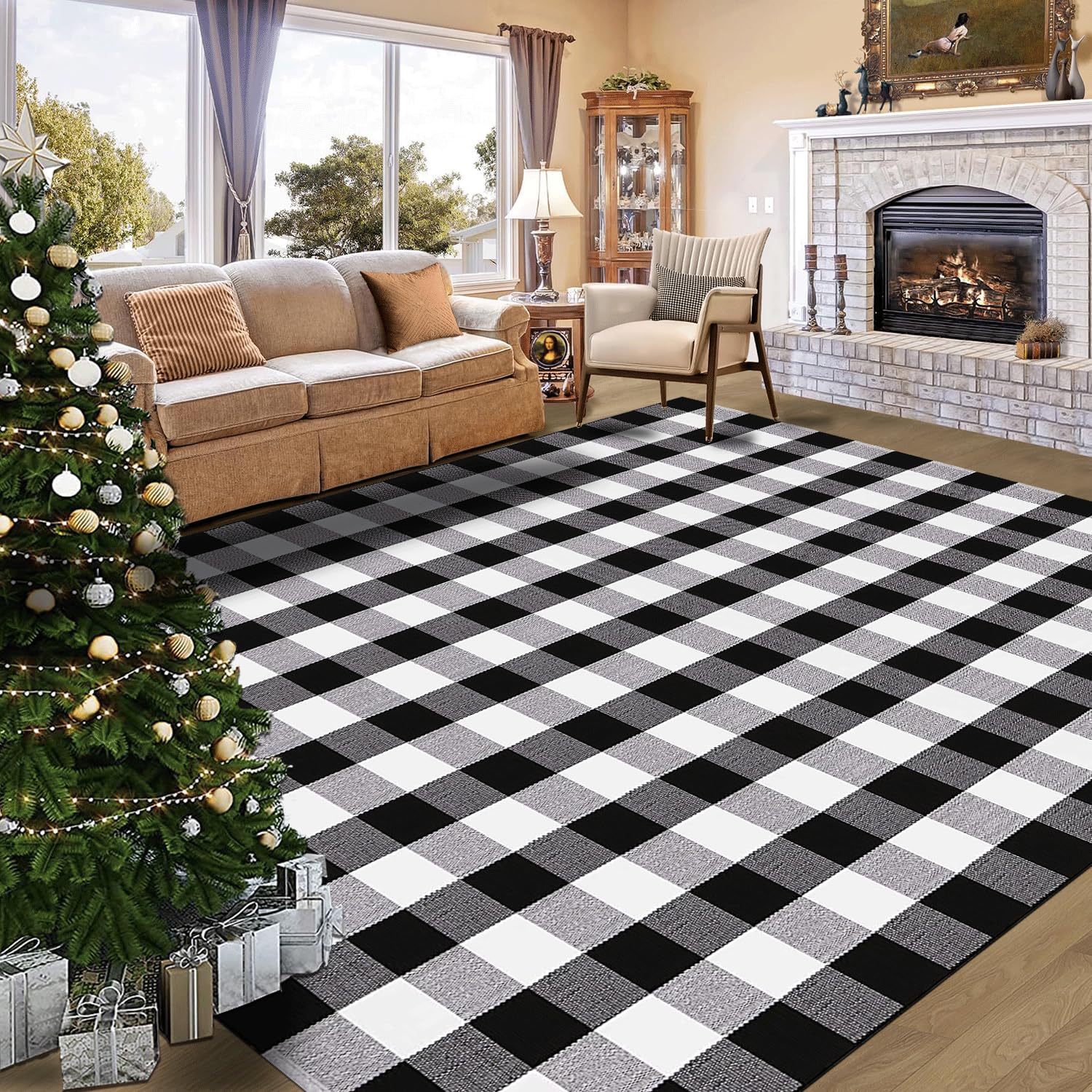 HOYIJA Black and White Checkered Area Rug 5.5' x 7.5' Buffalo Plaid Rug, Cotton Woven Washable Check Rug for Indoor and Outdoor, Dining Room, Bedroom, Living Room, Kitchen, (Black & White)