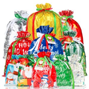 |10 seconds wrapping gift | 38pcs christmas drawstring gift bags of assorted sizes small medium large jumbo, holiday gift bags with colorful drawstrings for xmas party favors, foil bags for christmas