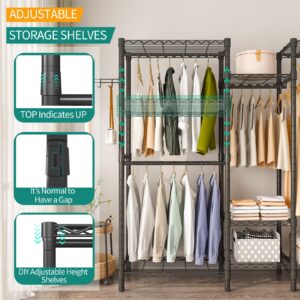 Exglobol Heavy Duty Garment Rack, Portable Wardrobe Clothes Rack Freestanding Adjustable Clothing Rack with 7 Tiers Adjustable Wire Shelving and 4 Hanger Rods, Black