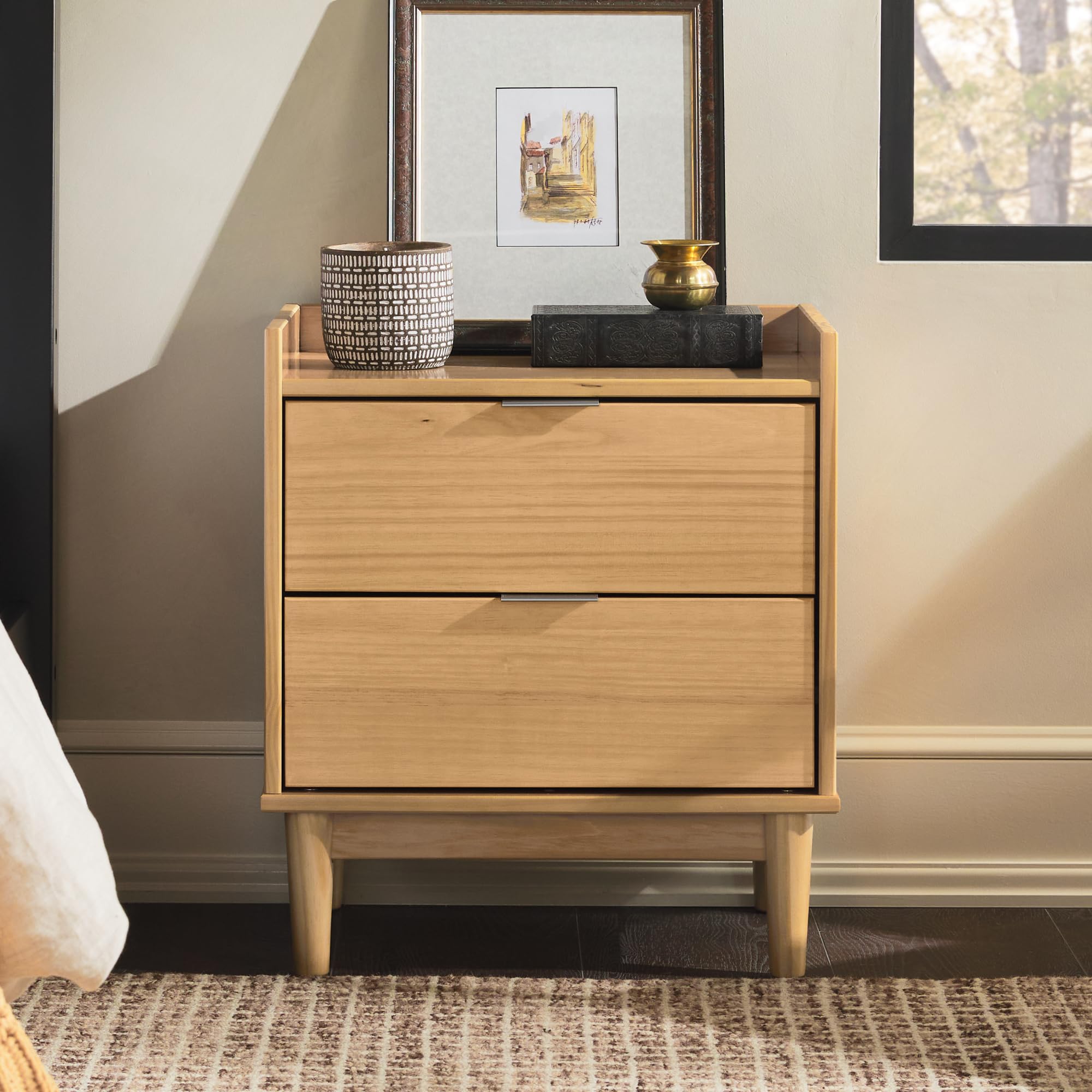 Walker Edison Blythe Mid-Century Modern Tray-Top 2-Drawer Nightstand, 20 Inch, Natural Pine