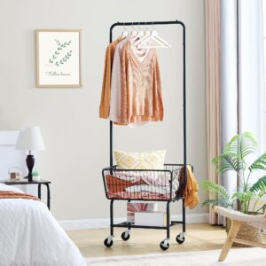 Tajsoon Laundry Cart with Hanging Rack, Metal Laundry Basket with Wheels, Laundry Hamper with Storage Basket and Shelf, Rolling Laundry Cart with Wheels, Black