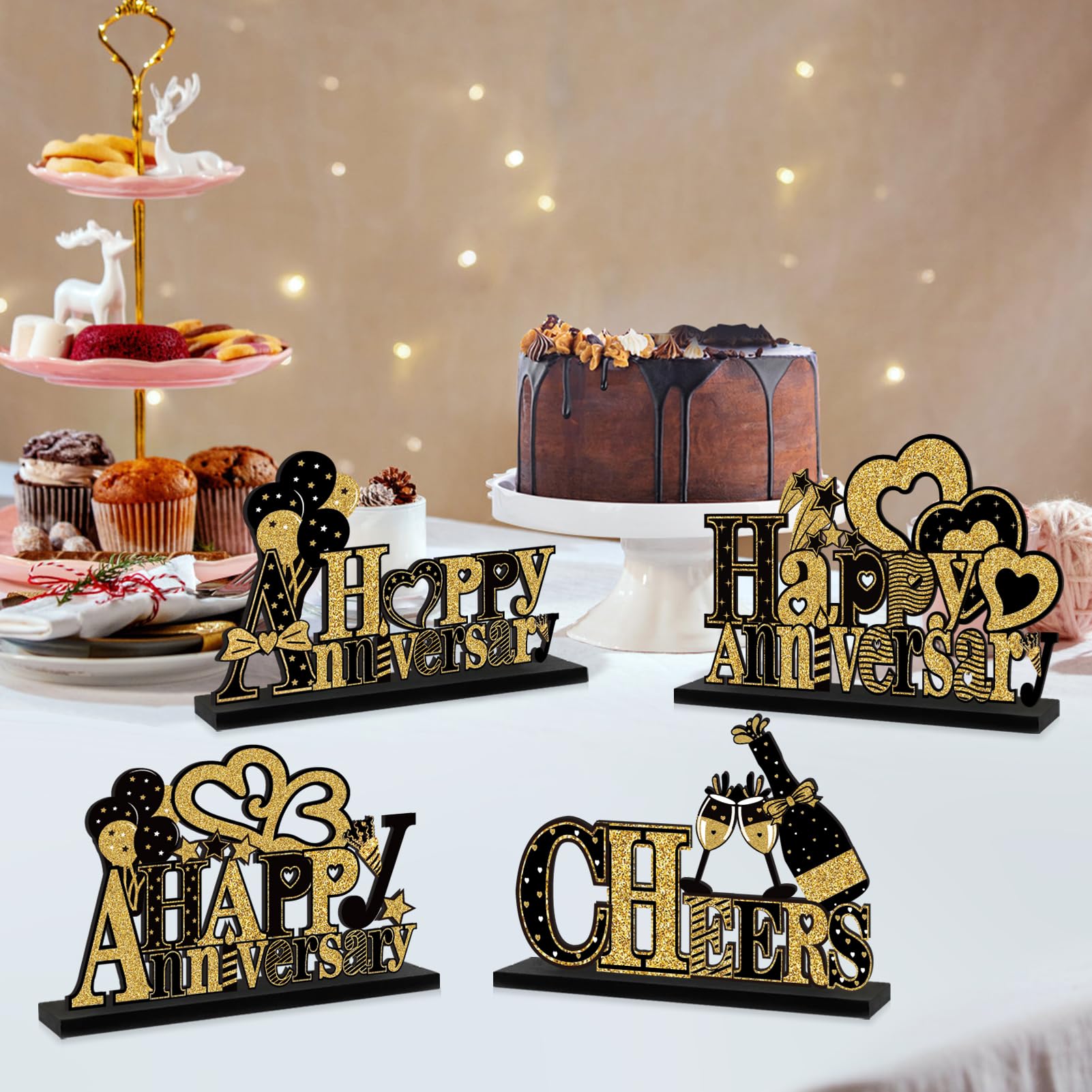 4 Pieces Anniversary Decorations Wooden Table Centerpieces, Black Gold Happy Wedding Anniversary Table Sign Party Supplies, 10th 20th 30th 40th 50th 60th Anniversary Table Decor for Indoor Outdoor