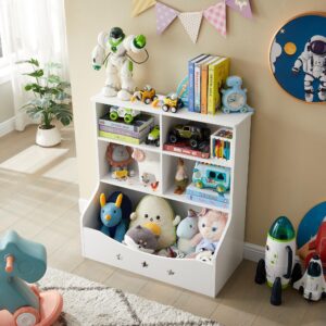 TOYMATE Kids Toy Storage Organizer, Children Multi-Functional Bookcase and Bookshelf, Toddler 5 Cubby Toy Storage Cabinet, Toy Shelf for Playroom, Bedroom, Living Room, Nursery, School (White)