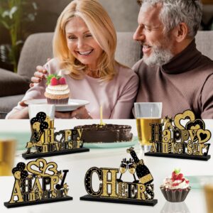 4 Pieces Anniversary Decorations Wooden Table Centerpieces, Black Gold Happy Wedding Anniversary Table Sign Party Supplies, 10th 20th 30th 40th 50th 60th Anniversary Table Decor for Indoor Outdoor