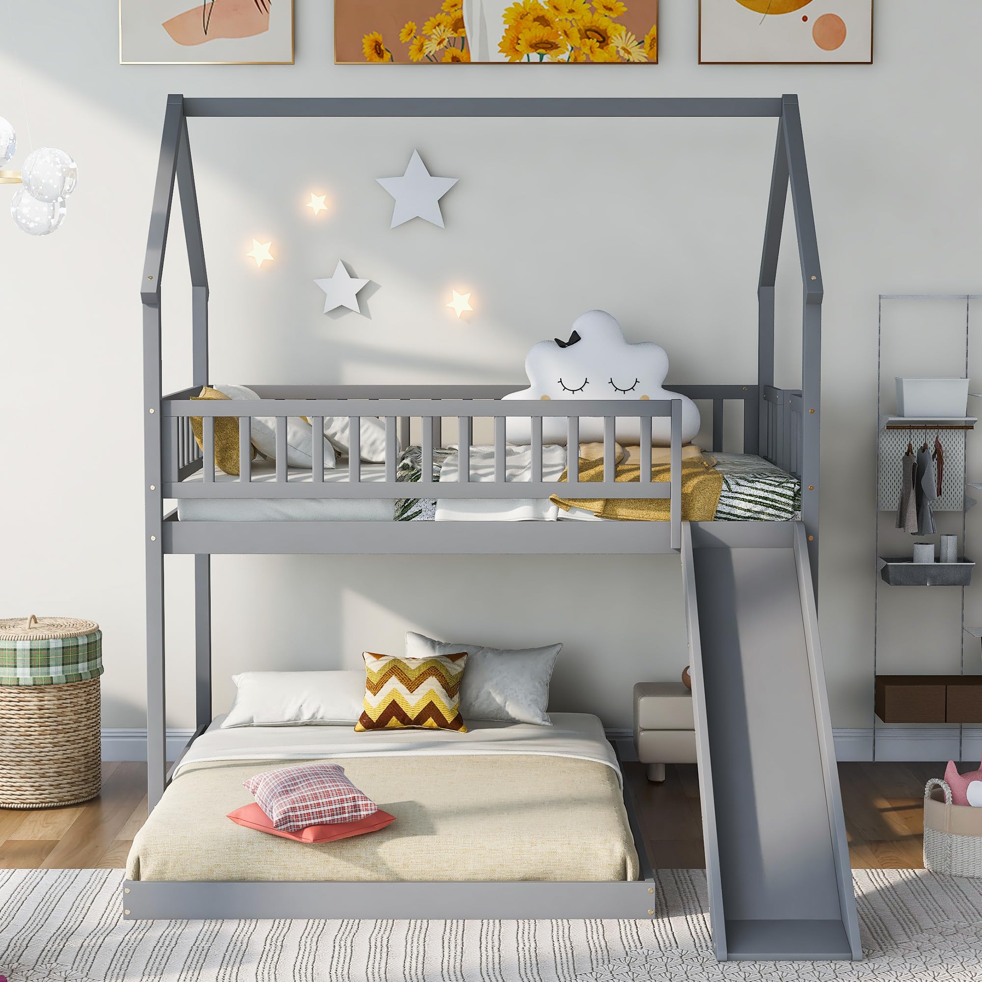 Merax Twin Over Full House Bunk Bed with Slide and Built-in Ladder