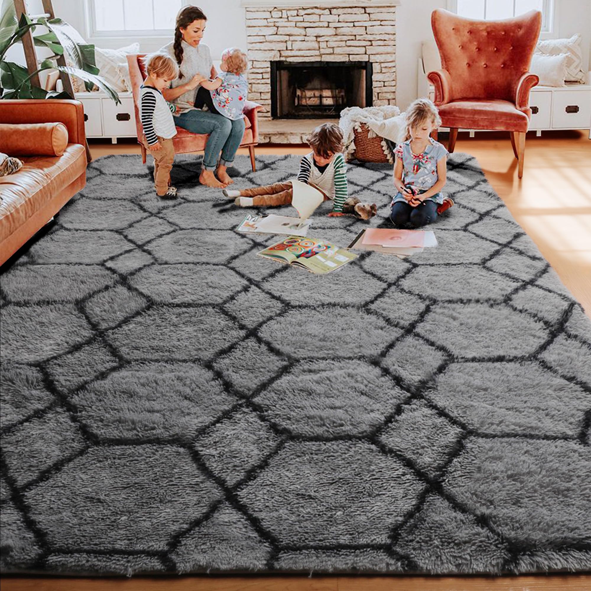 ONASAR Large Modern Area Rug for Living Room Bedroom, 6x9 Floor Rug, Grey and Black Rug, Moroccan Geometric Shag Rug for Office, Playroom, Kids Room, Fluffy Plush Fuzzy Rug, Big Throw Carpet