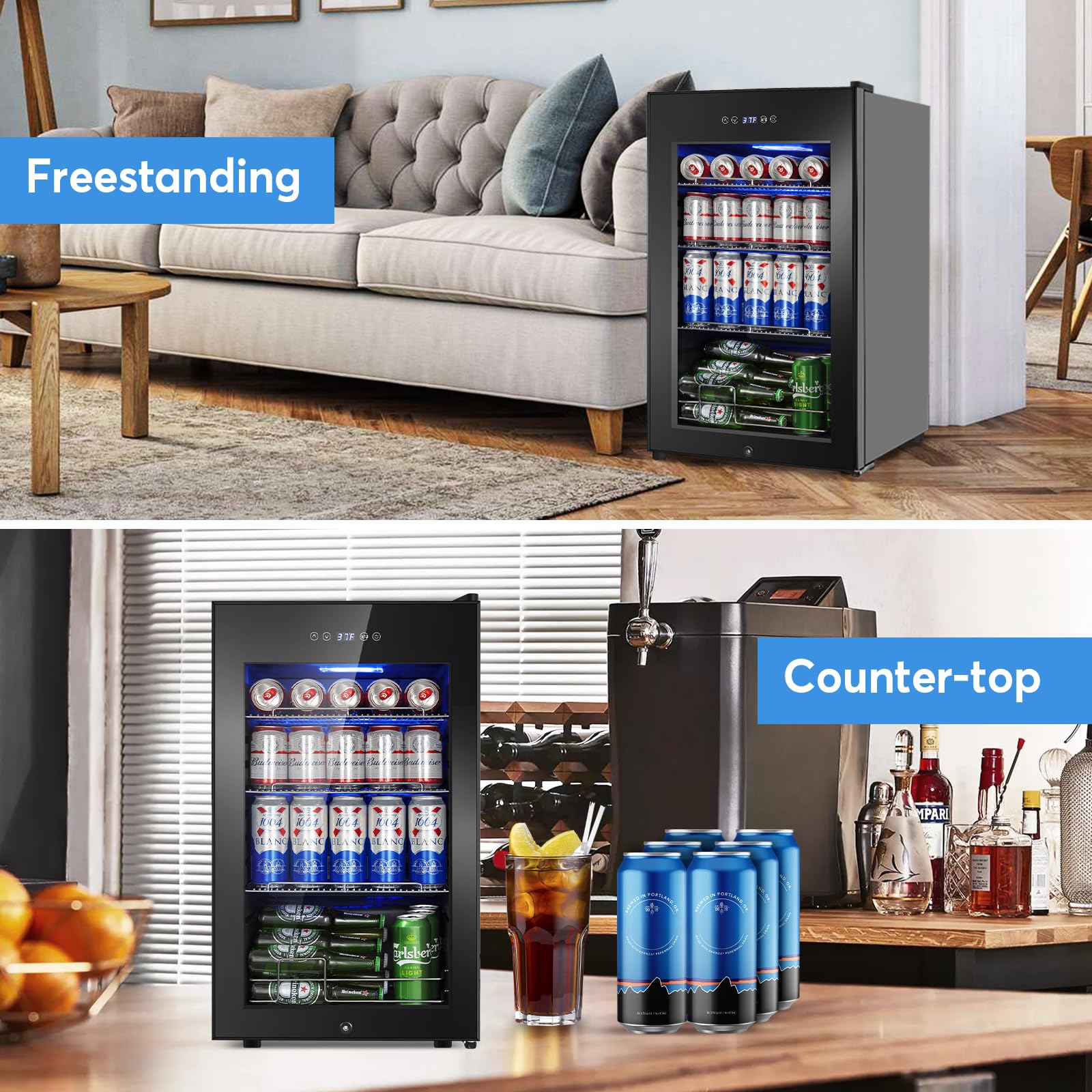 Beverage Refrigerator 17 inch Wide - 126 Can Beverage Cooler with Glass Door | Counter-Top/Freestanding Mini Beverage Beer Fridge | Temperature Memory | Invisible Door | Perfect for Soda, Beer