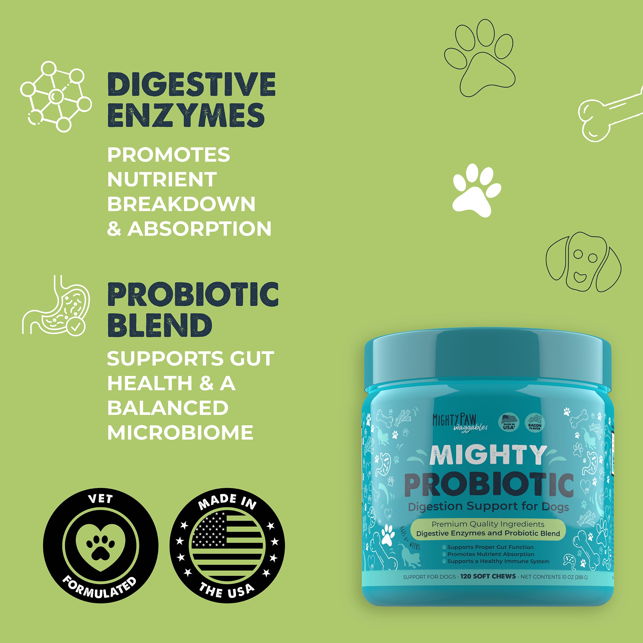 Mighty Paw Waggables Probiotic Chews for Dogs (Made in USA) | Dog Probiotics & Digestive Enzymes. Bacon Flavor Probiotics for Dogs Digestive Health. Prebiotics, Probiotics for Dogs Gut Health (120 Ct)