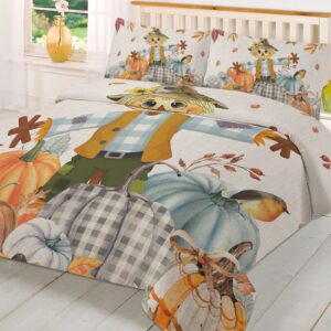 California King Duvet Cover Set Thanksgiving Scarecrow Autumn Pumpkins and Maple Leafs Comforter Cover Set Zipper Closure Washable Bedding Set with 1 Duvet Cover and 2 Pillow Shams for Women and Men