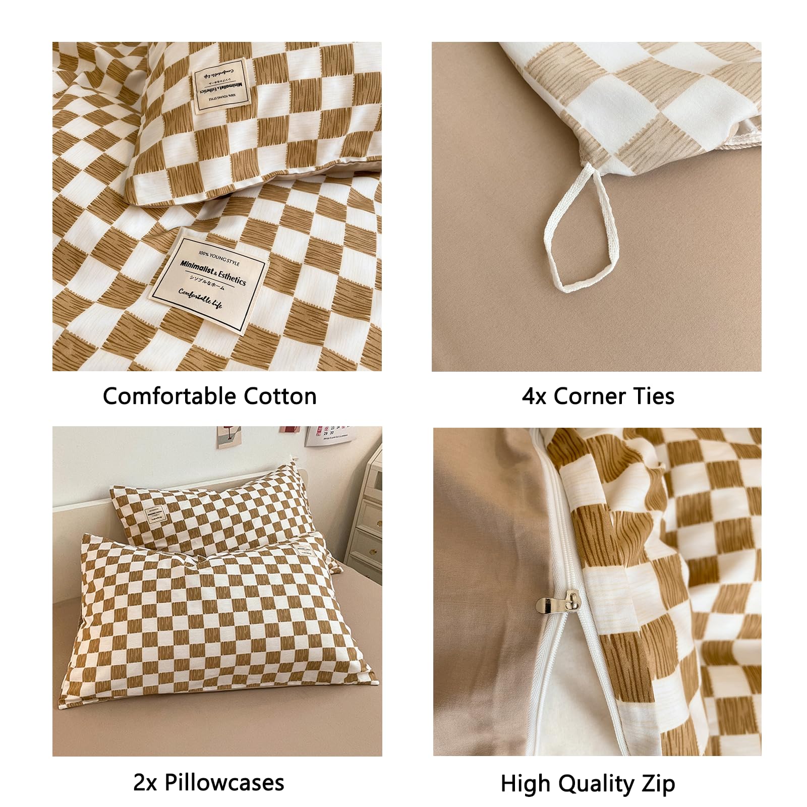 BEUFLO DREMS Checkered Duvet Cover Twin,100% Cotton Soft Duvet Cover Sets 4 PCS Plaid Bedding Comforter Cover Set with Zipper,Brown Bedding Set,1 Duvet Cover +1 Flat Sheet + 2 Pillow Cases