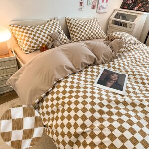 BEUFLO DREMS Checkered Duvet Cover Twin,100% Cotton Soft Duvet Cover Sets 4 PCS Plaid Bedding Comforter Cover Set with Zipper,Brown Bedding Set,1 Duvet Cover +1 Flat Sheet + 2 Pillow Cases