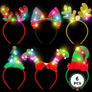 hovacy christmas 6 pcs led light up headband, reindeer antler santa hat christmas tree leprechaun hat bow hair hoop for xmas holiday party favors adults kids