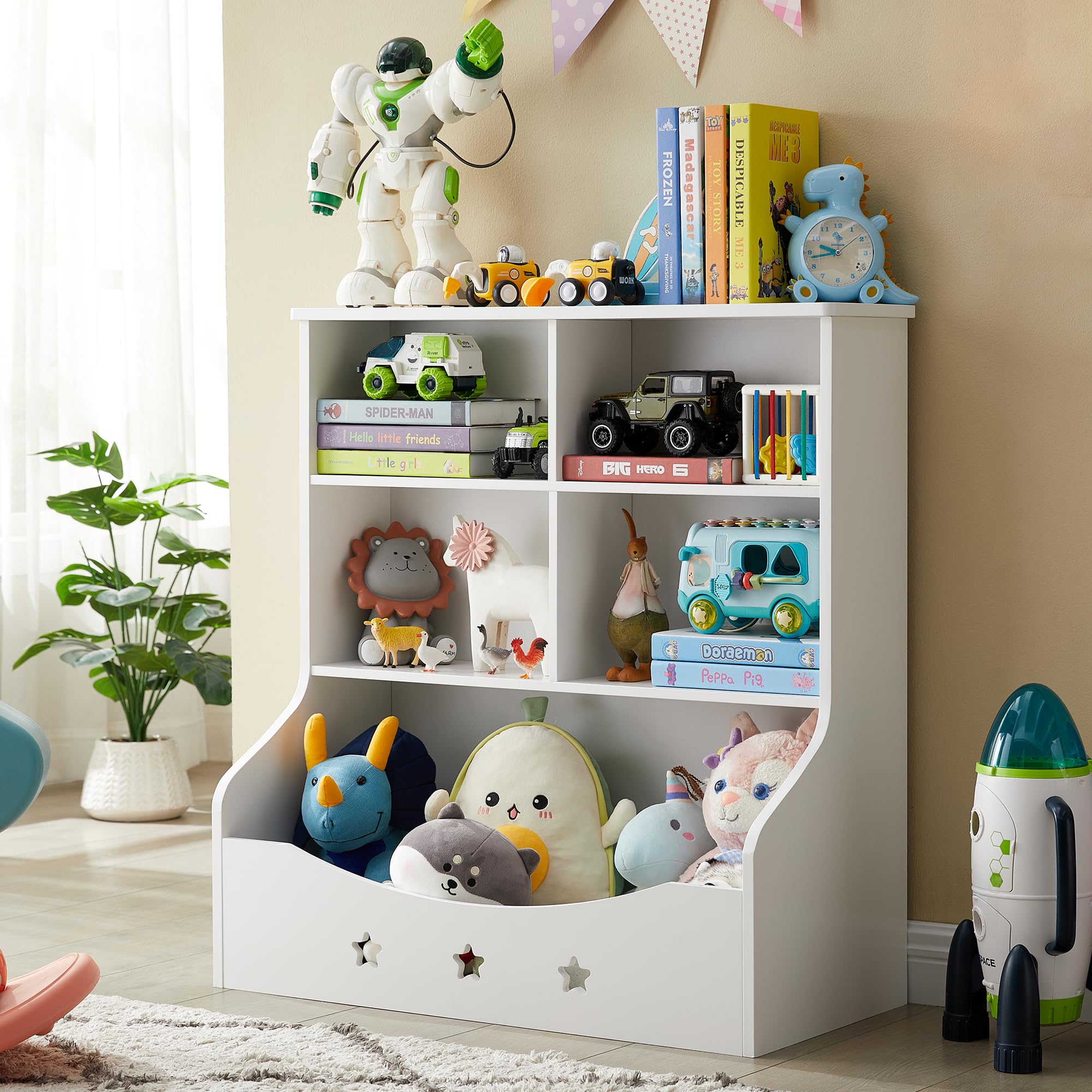 TOYMATE Kids Toy Storage Organizer, Children Multi-Functional Bookcase and Bookshelf, Toddler 5 Cubby Toy Storage Cabinet, Toy Shelf for Playroom, Bedroom, Living Room, Nursery, School (White)