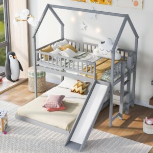 Merax Twin Over Full House Bunk Bed with Slide and Built-in Ladder