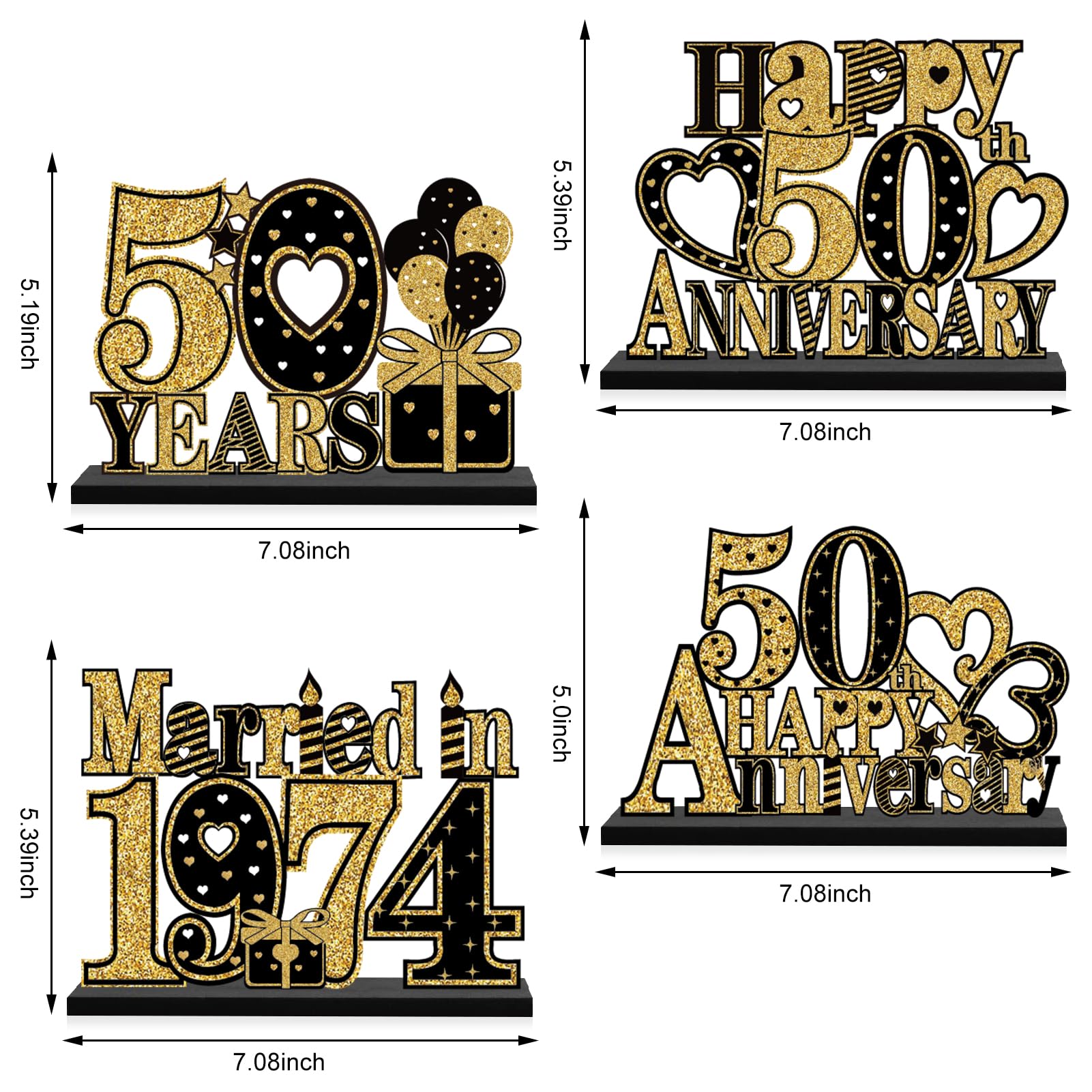 Eiurteao 4 Pieces 50th Anniversary Decorations Married in 1974 Wooden Table Sign, Black Gold Happy 50 Wedding Anniversary Table Centerpieces Party Supplies, Cheers to 50 Year Anniversary Table Decor