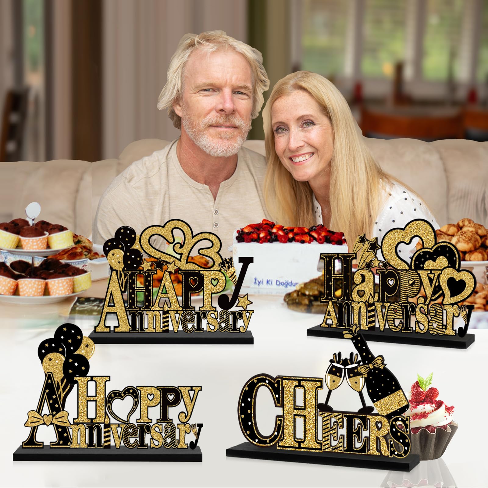 4 Pieces Anniversary Decorations Wooden Table Centerpieces, Black Gold Happy Wedding Anniversary Table Sign Party Supplies, 10th 20th 30th 40th 50th 60th Anniversary Table Decor for Indoor Outdoor