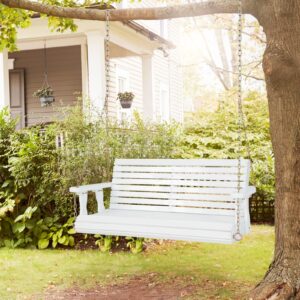 Tangkula 2 Person Hanging Porch Swing, Outdoor Bench Swing with Adjustable Chains, High Back, Cozy Armrests, Wooden Tree Swing Chair for Patio Backyard Deck Garden (White)