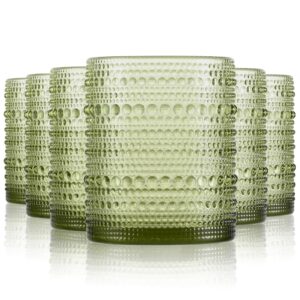 wongblee hobnail drinking glasses set of 6, vintage colored glassware 11oz, beverage glass cups for water, juice, cocktail (green)