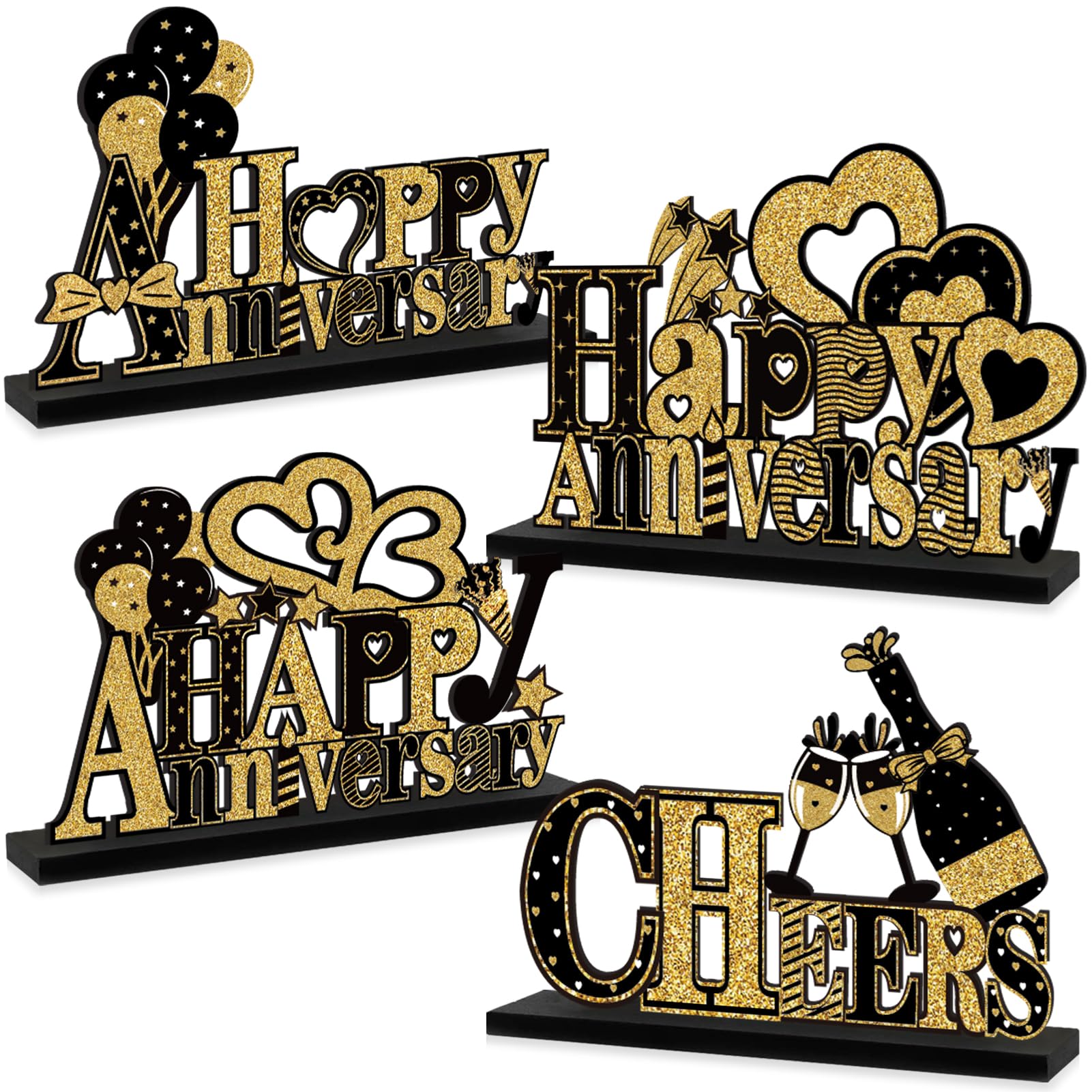 4 Pieces Anniversary Decorations Wooden Table Centerpieces, Black Gold Happy Wedding Anniversary Table Sign Party Supplies, 10th 20th 30th 40th 50th 60th Anniversary Table Decor for Indoor Outdoor