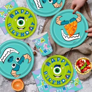 AURORAPARTY 120pcs Monster Birthday Party Supplies Inc Paper Plates Napkins Cups Forks Girl Boy Little Monster Birthday Party Table Decorations Disposable Cake Tableware Set for 24 Guests