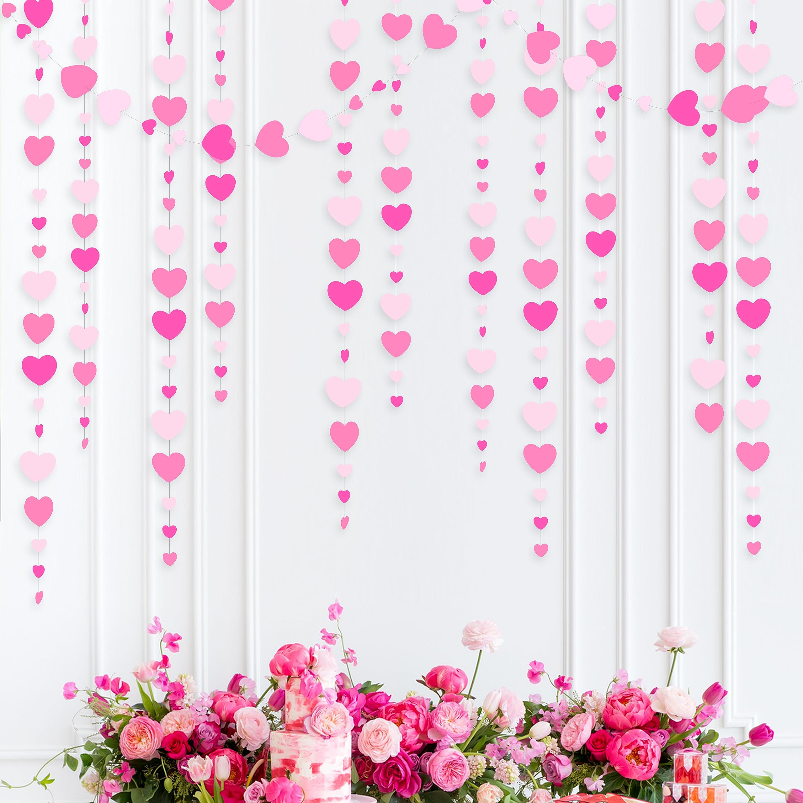 Valentines Day Party Decorations Hot Pink White Hanging Paper Heart Garland Streamer for Birthday Bachelorette Engagement Wedding Bridal Shower Anniversary Minnie Flamingo Pink Girl Party Supplies