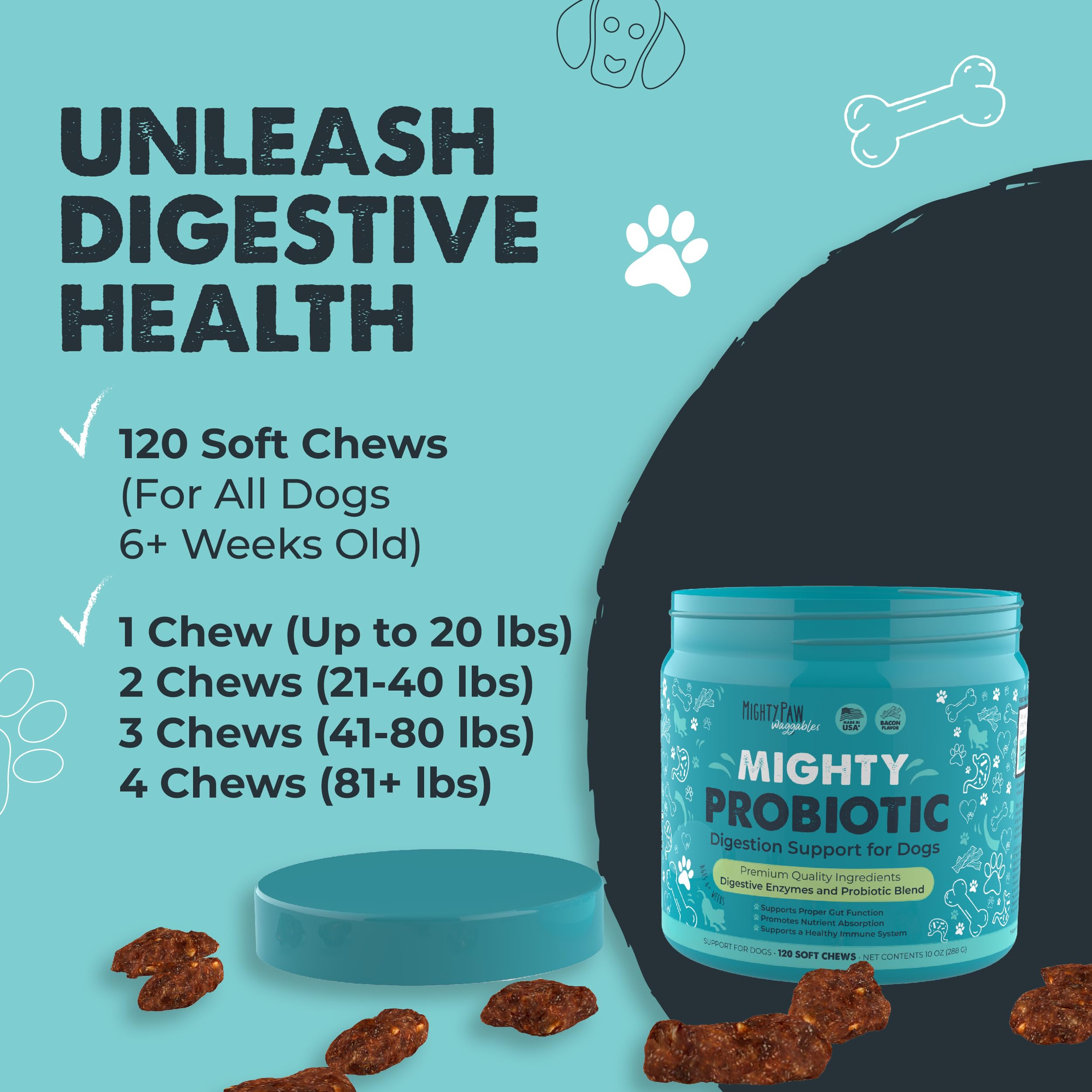 Mighty Paw Waggables Probiotic Chews for Dogs (Made in USA) | Dog Probiotics & Digestive Enzymes. Bacon Flavor Probiotics for Dogs Digestive Health. Prebiotics, Probiotics for Dogs Gut Health (120 Ct)