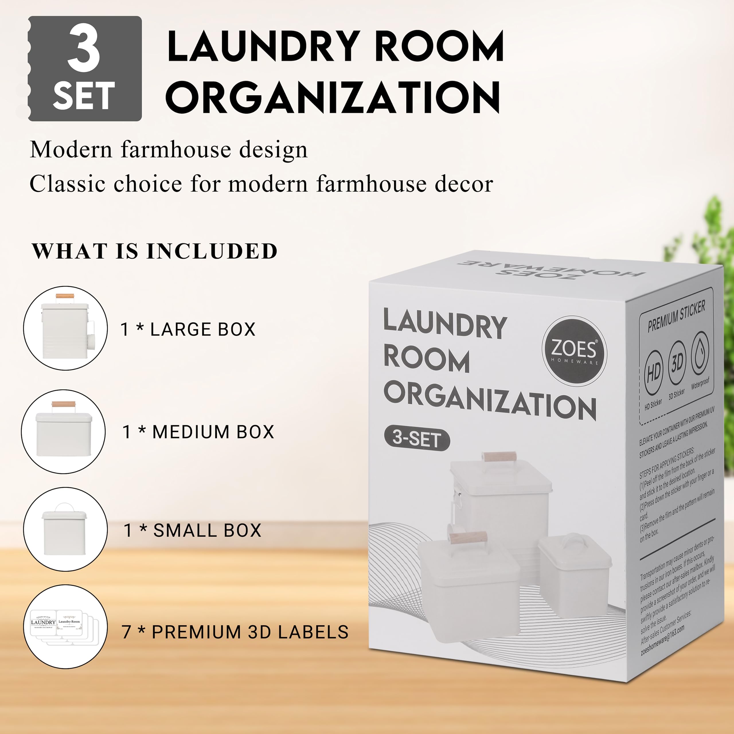 ZOES HOMEWARE 3-Set Laundry Room Organization and Storage | Modern Farmhouse Laundry Room Decor | Laundry Container for Organizing Laundry Pods, Laundry Powder, Dryer Sheets, Dryer Balls