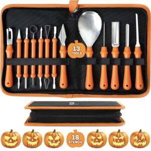 katchon, professional pumpkin carving kits - pack of 31 | halloween pumpkin carving tools, 13 pcs heavy duty stainless steel | 18 pcs pumpkin carving stencils for halloween decorations jack-o-lanterns