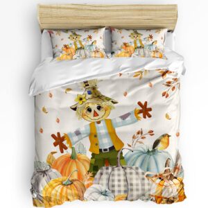 california king duvet cover set thanksgiving scarecrow autumn pumpkins and maple leafs comforter cover set zipper closure washable bedding set with 1 duvet cover and 2 pillow shams for women and men