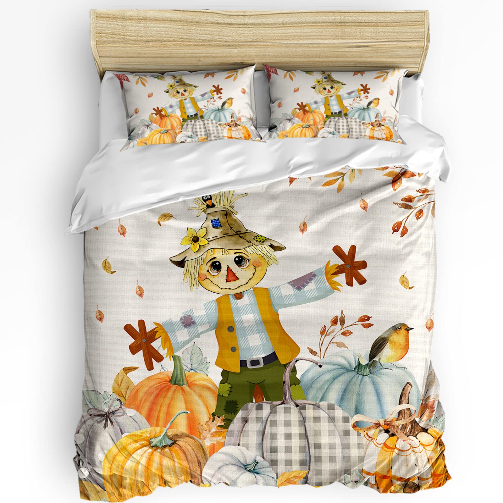 California King Duvet Cover Set Thanksgiving Scarecrow Autumn Pumpkins and Maple Leafs Comforter Cover Set Zipper Closure Washable Bedding Set with 1 Duvet Cover and 2 Pillow Shams for Women and Men