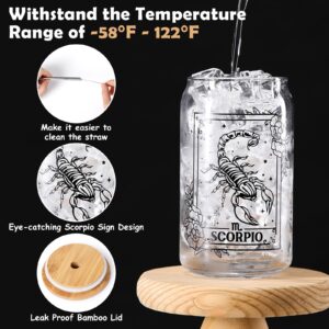 Scorpio Beer Can Glass 16 OZ Constellation Iced Coffee Glass with Lid Metal Straw and Cleaning Brush, Reusable Drinking Glass Cup for Coffee Tea Soda Juice, Zodiac Gifts for Women and Men, Set of 1