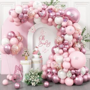 pink white balloon arch garland kit, metallic pink lilac purple white rose gold confetti latex balloons garland kit for girls women birthday wedding bridal baby shower princess theme party decorations