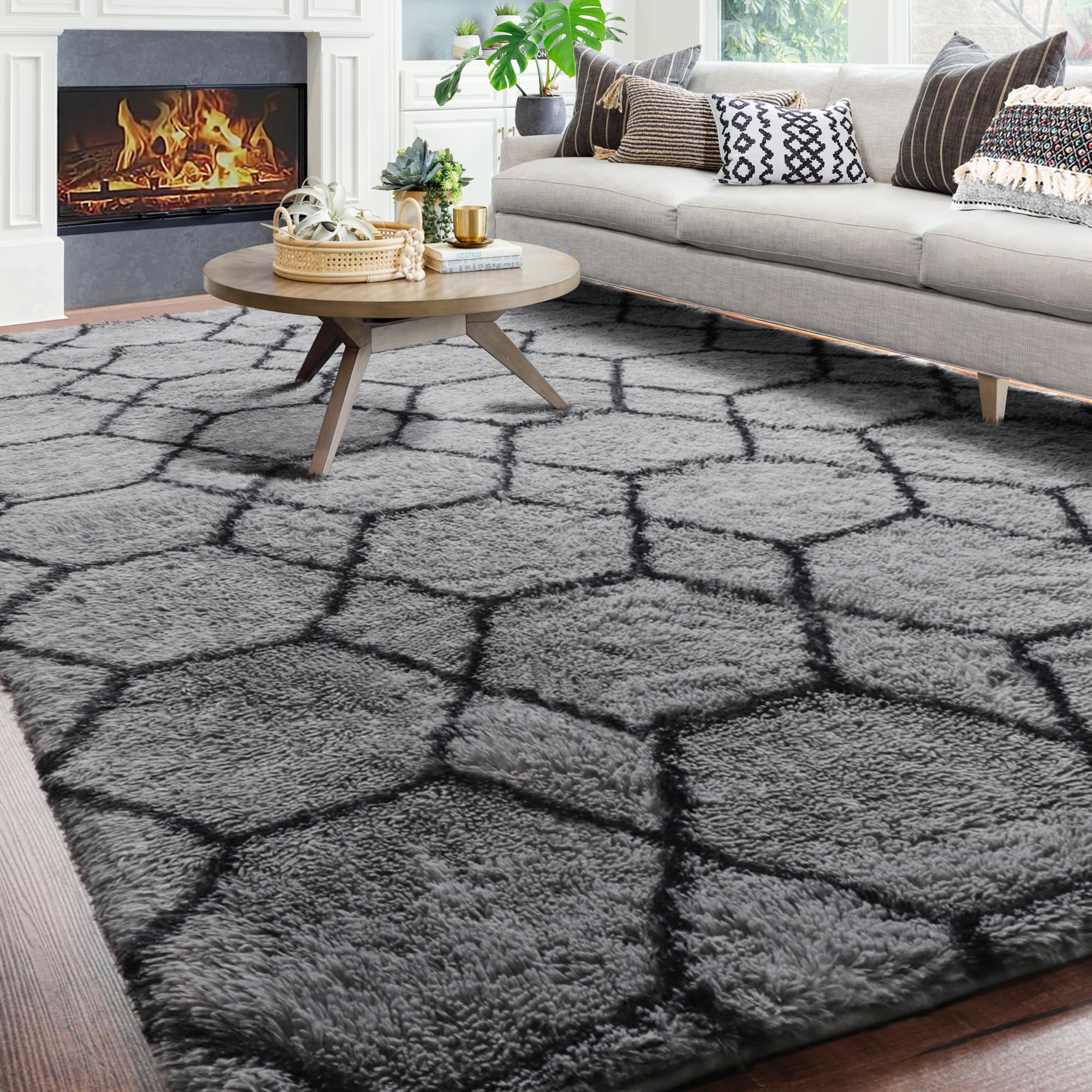 ONASAR Large Modern Area Rug for Living Room Bedroom, 6x9 Floor Rug, Grey and Black Rug, Moroccan Geometric Shag Rug for Office, Playroom, Kids Room, Fluffy Plush Fuzzy Rug, Big Throw Carpet