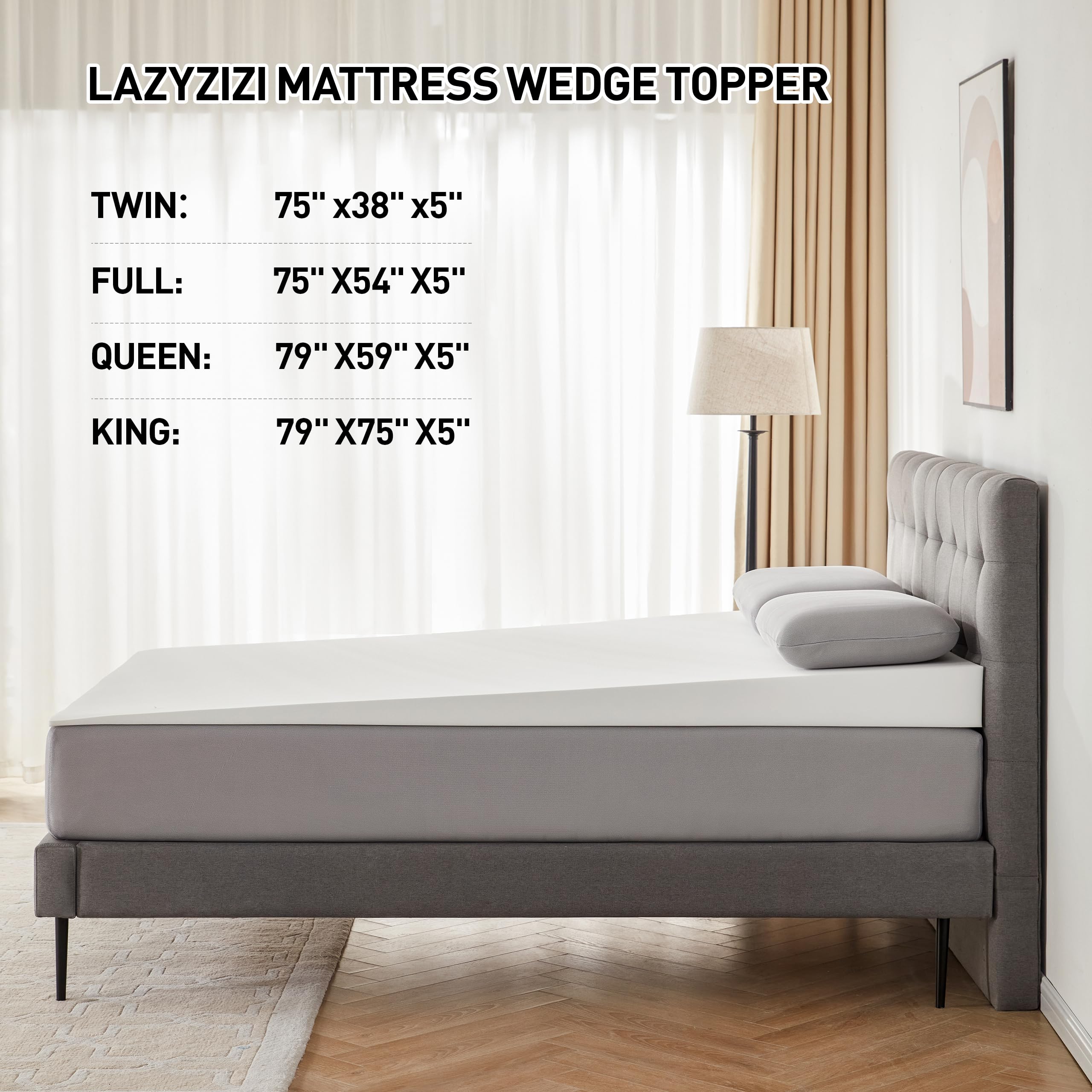 Lazyzizi Mattress Wedge Only, 5-Inch Queen Inclined Bed Wedge Mattress Topper for Acid Reflux, GERD, Neck & Back Pain, Snoring, Adjustable Elevator Under Mattress Support for Bedroom