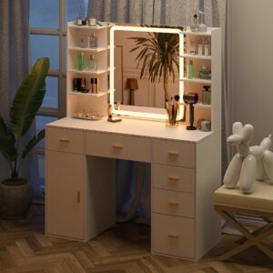 VoirStar Vanity Desk with Mirror & Light, Makeup Vanity with Lights, 6 Drawers Makeup Table with Mirror, 3 Lighting Colors, Dressing Table, Large Storage Vanity Desk with Shelf, White