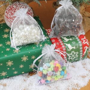 jijAcraft 50PCS White Christmas Organza Bags - 4x6 inch Snowflake Bags for Christmas, Xmas Favor Bags with Drawstring - Sheer Organza Bags for Christmas, Winter Party Gift, Jewelry Bags