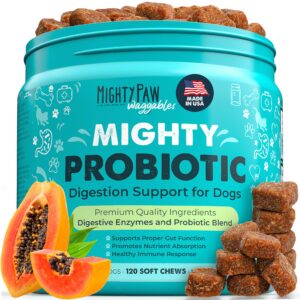 mighty paw waggables probiotic chews for dogs (made in usa) | dog probiotics & digestive enzymes. bacon flavor probiotics for dogs digestive health. prebiotics, probiotics for dogs gut health (120 ct)