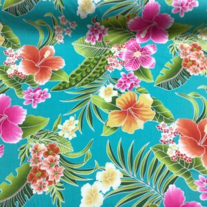 Turquiose Tropical Hawaiian Print Fabric 100% Cotton Sold by The Yard