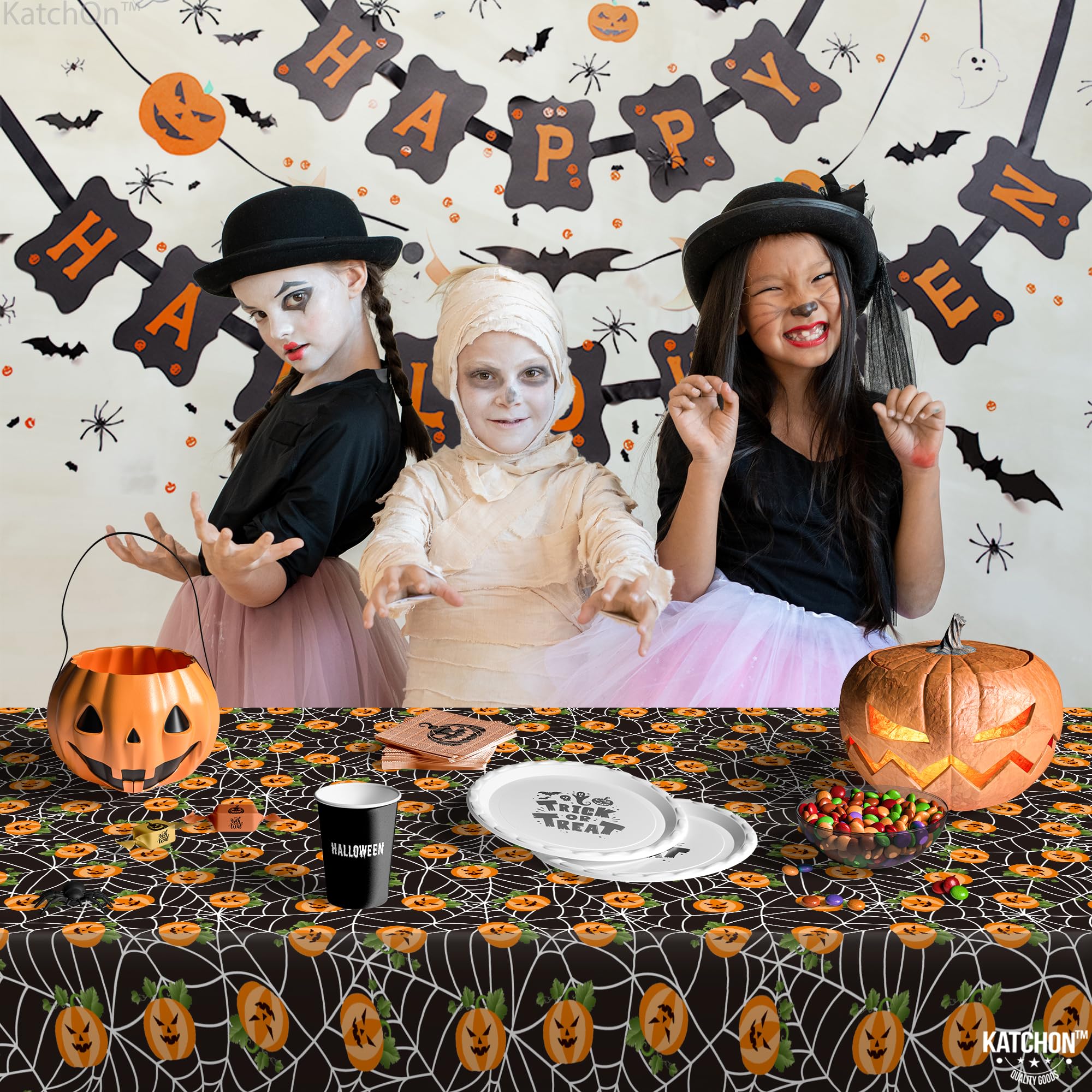 KatchOn, Pumpkin Halloween Tablecloth Plastic - Pack of 3 | Halloween Table Cloths Disposable 72x54 Inch Halloween Table Decorations | Halloween Party Decorations