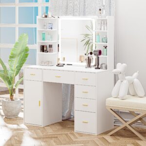 voirstar vanity desk with mirror & light, makeup vanity with lights, 6 drawers makeup table with mirror, 3 lighting colors, dressing table, large storage vanity desk with shelf, white