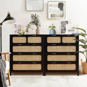 levnary 4 drawer dresser set of 2, rattan dressers storage cabinet with metal handles, wooden chest of drawers dresser for bedroom, entryway, living room, hallway (2, black)