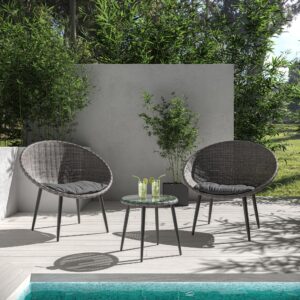 belleze 3 piece modern rattan patio bistro set with round chairs and glass top accent table, wicker outdoor conversation set for backyard or porch - hitia (grey)