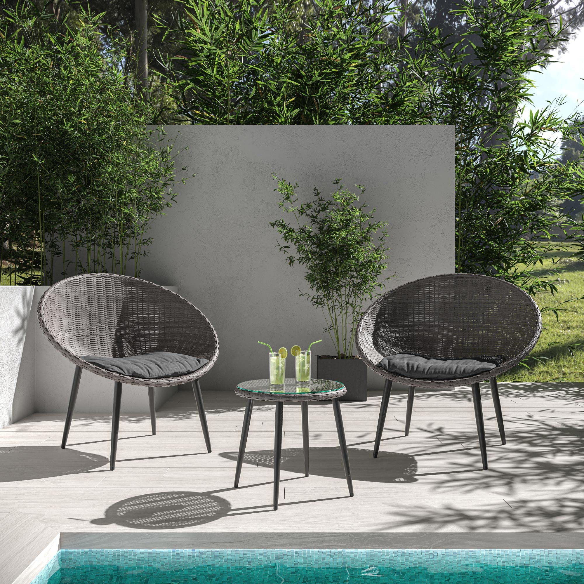 BELLEZE 3 Piece Modern Rattan Patio Bistro Set with Round Chairs and Glass Top Accent Table, Wicker Outdoor Conversation Set for Backyard or Porch - Hitia (Grey)