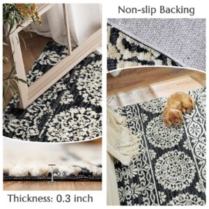 jinchan 3x5 Boho Area Rug Machine Loomed Living Room Rug Bohemian Woven Rug Accent Rug Indoor Vintage Floral Rug Retro Carpet Soft Luxury Rug Washable Kitchen Bedroom Dining Room, Black and White