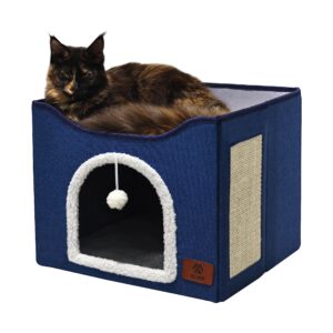 elevon cat beds for indoor cats, foldable cat house suitable for all seasons, cat cube apartment with cat scratch board and reversible cushion, suitable for multi small pet under 20 lbs, blue