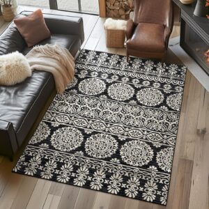 jinchan 3x5 boho area rug machine loomed living room rug bohemian woven rug accent rug indoor vintage floral rug retro carpet soft luxury rug washable kitchen bedroom dining room, black and white